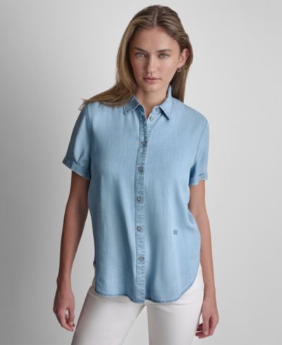 DKNY Jeans Petite Rolled Short-Sleeve Button-Up Shirt