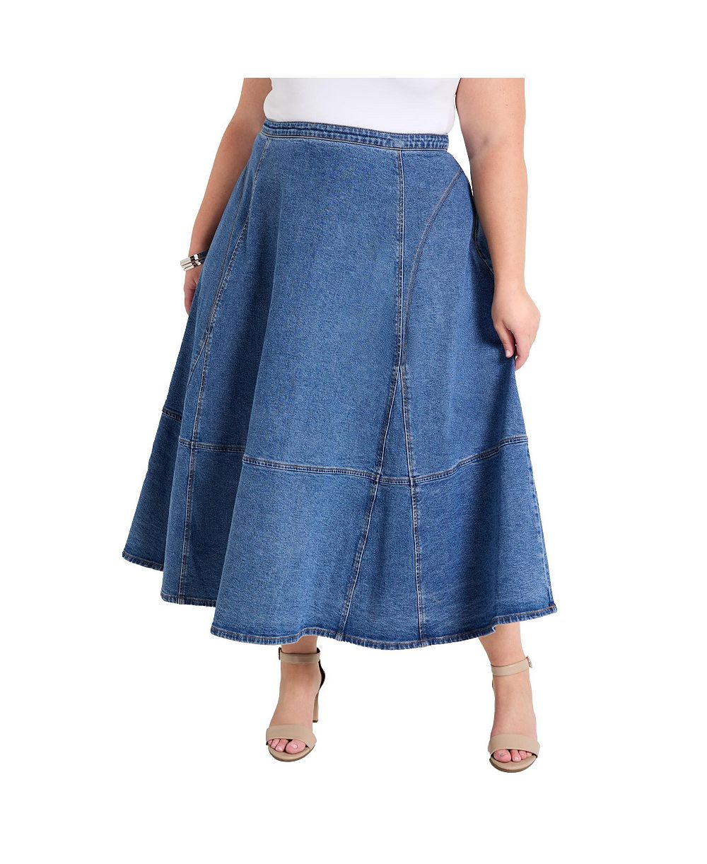 June & Vie Women's June and Vie Fit-And-Flare Stretch Denim Midi Skirt