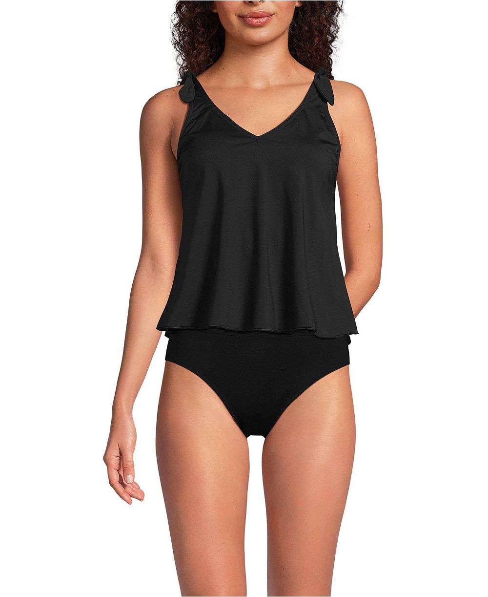 Lands' End Women's D-Cup Chlorine Resistant V-neck Shoulder Tie Flutter Tankini Swimsuit Top