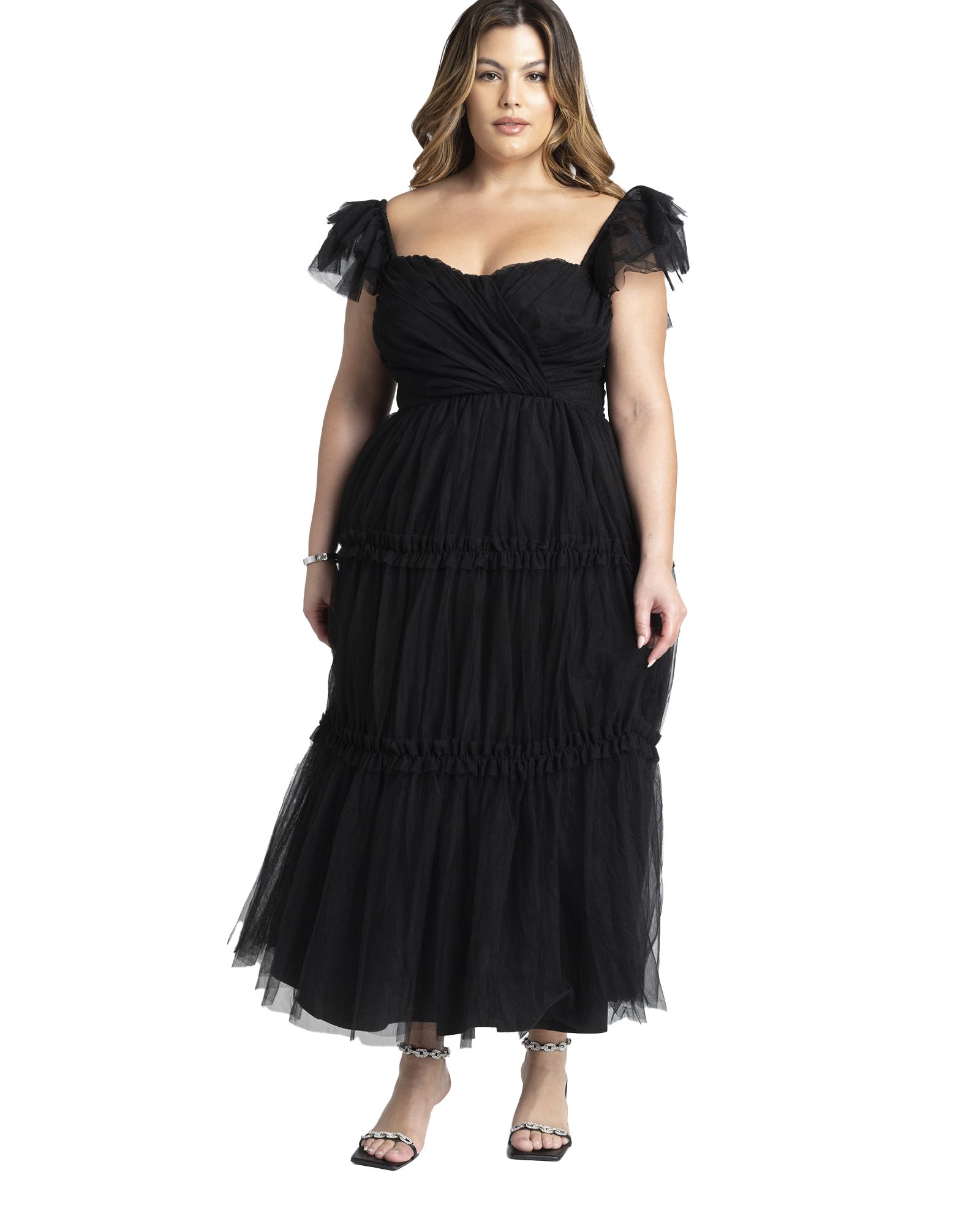 ELOQUII Women's Flutter-Sleeve Tulle Midi Dress