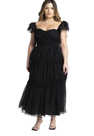 ELOQUII Women's Flutter-Sleeve Tulle Midi Dress