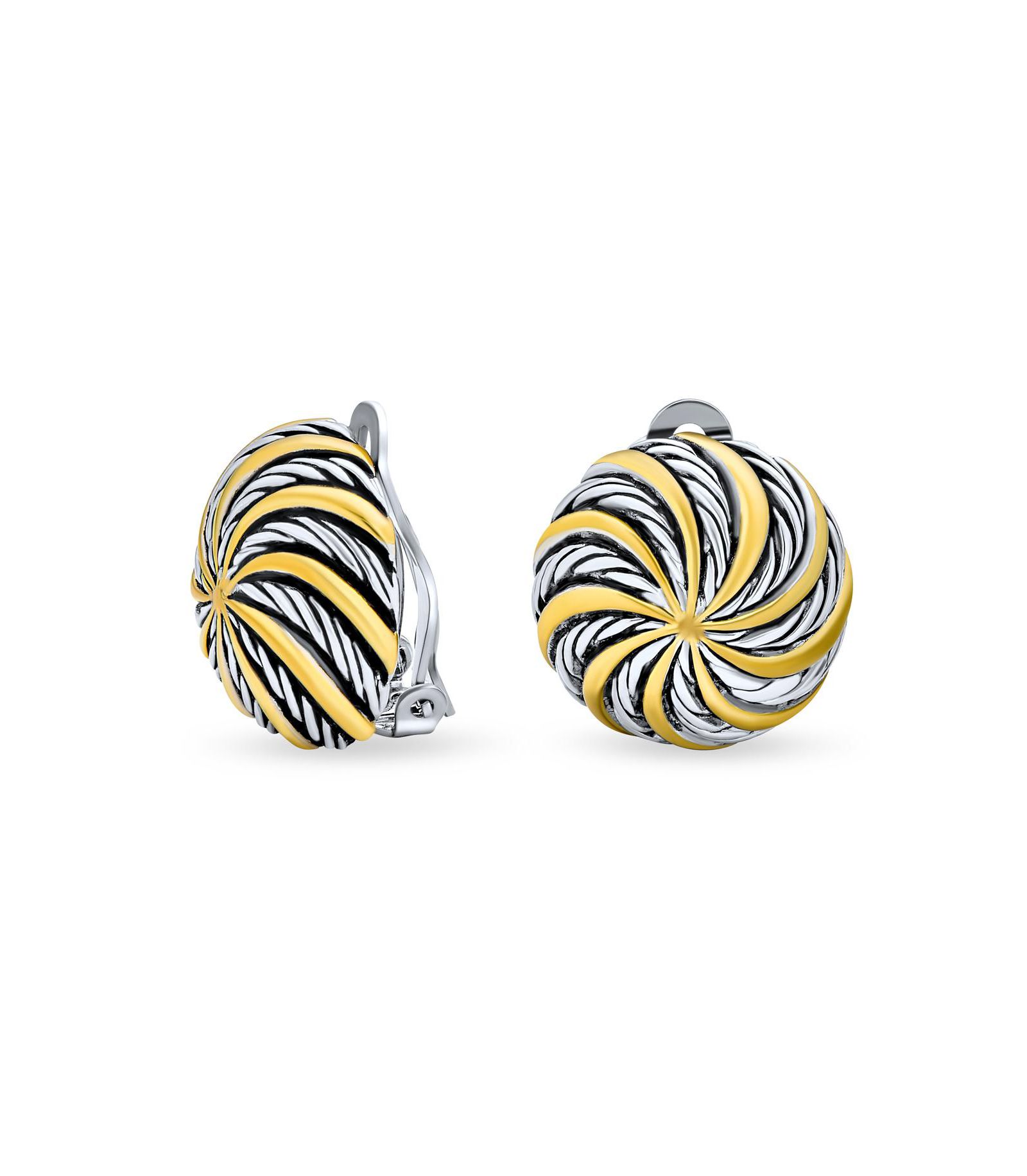 Bling Jewelry Geometric Swirl Clip-On Earrings Two-Tone Round Disc Non-Pierced Ears