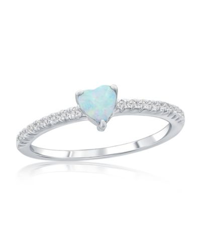 Sterling Silver, White Synthetic  Opal Heart & CZ Ring