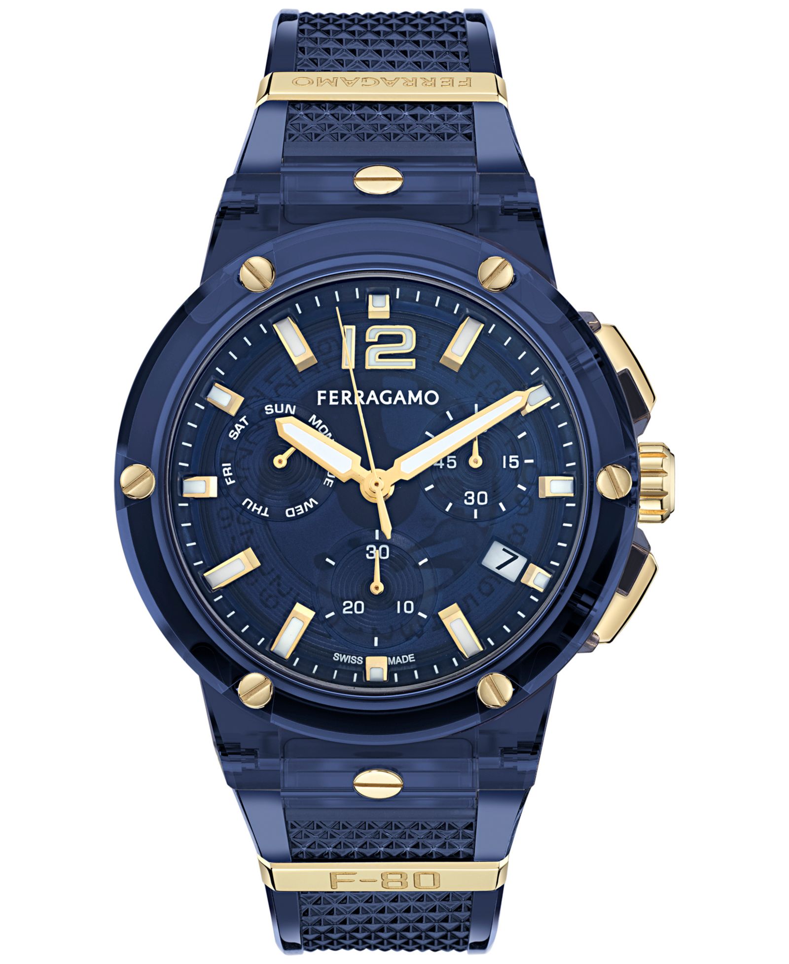 Ferragamo Men's Swiss Chronograph F-80 Translucent Blue Polyurethane Strap Watch 44mm