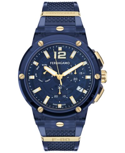 Ferragamo Men's Swiss Chronograph F-80 Translucent Blue Polyurethane Strap Watch 44mm