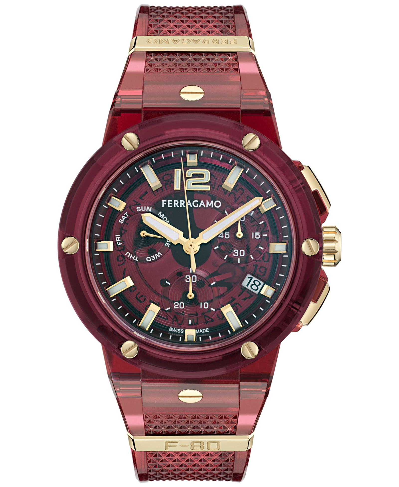 Ferragamo Men's Swiss Chronograph F-80 Translucent Burgundy Polyurethane Strap Watch 44mm