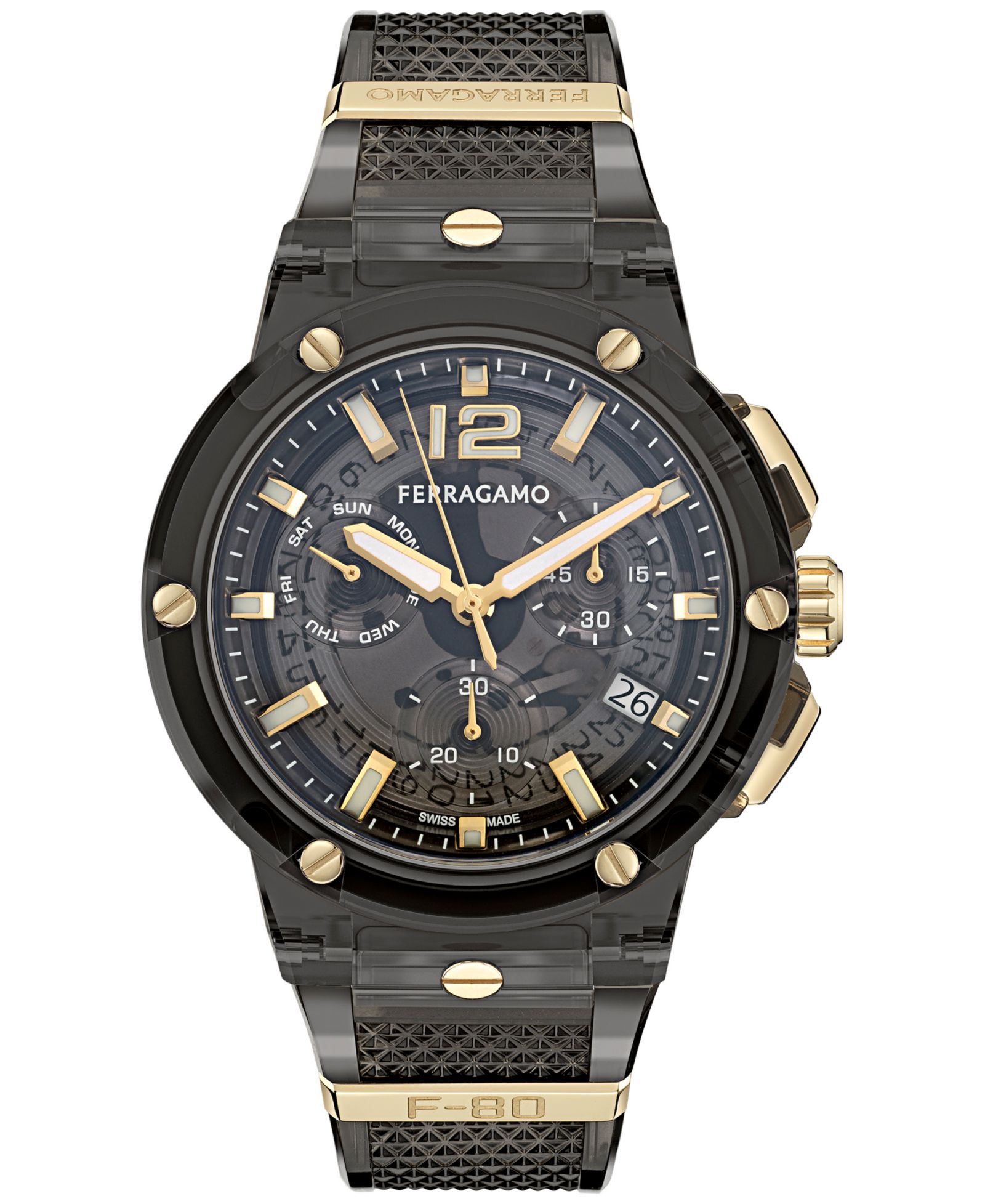 Ferragamo Men's Swiss Chronograph F-80 Translucent Black Polyurethane Strap Watch 44mm