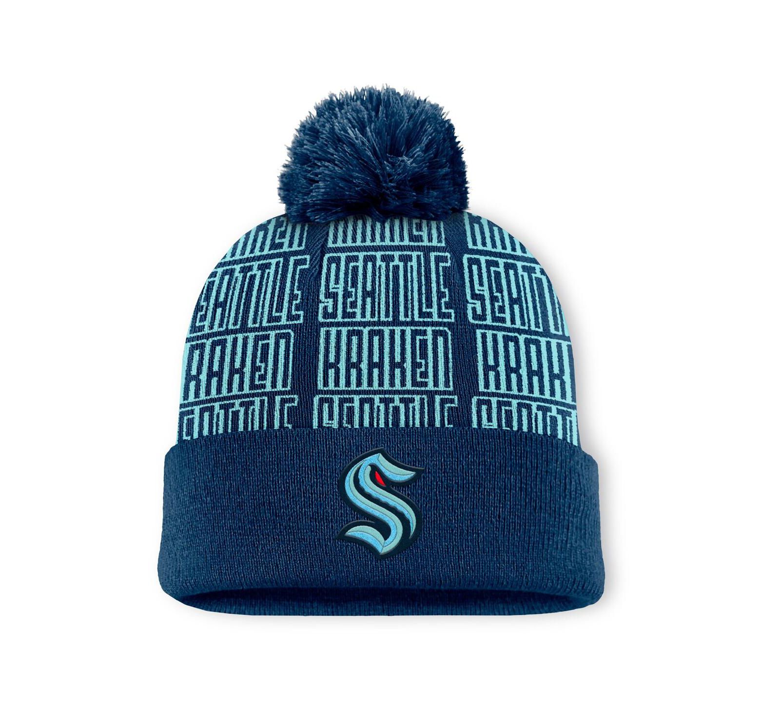 Мужская вязаная шапка Fanatics Navy/Light Blue Seattle Kraken с помпоном