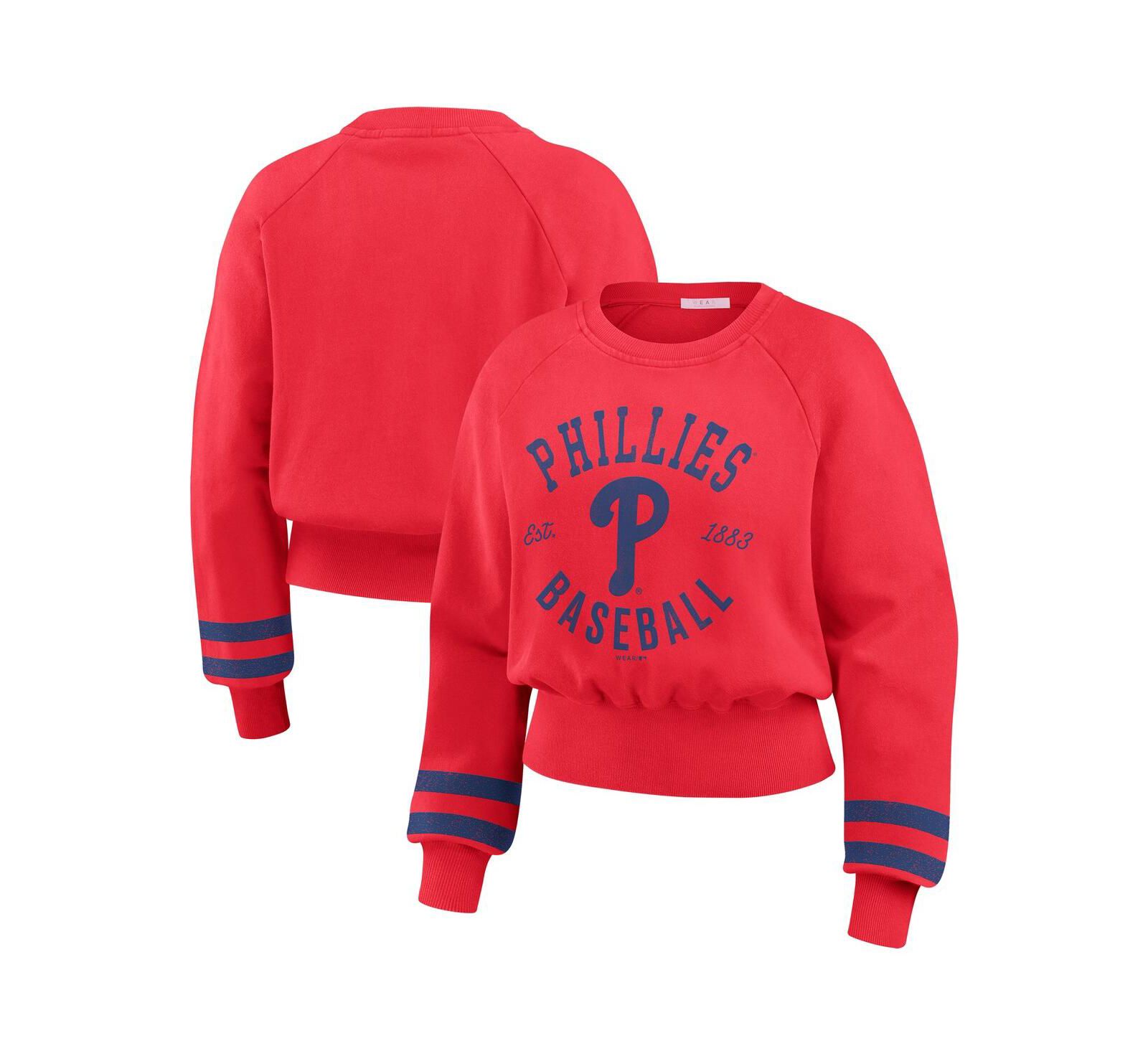 WEAR by Erin Andrews Women's Red Philadelphia Phillies Vintage Washed Cropped Pullover Sweatshirt