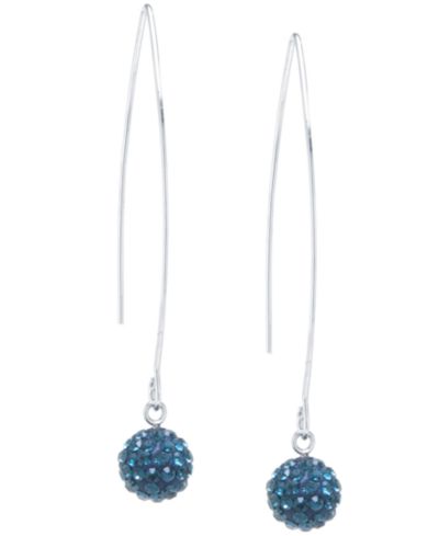 Crystal Pavé Orb Threader Earrings in Sterling Silver. Available in Clear, Dark Blue or Red