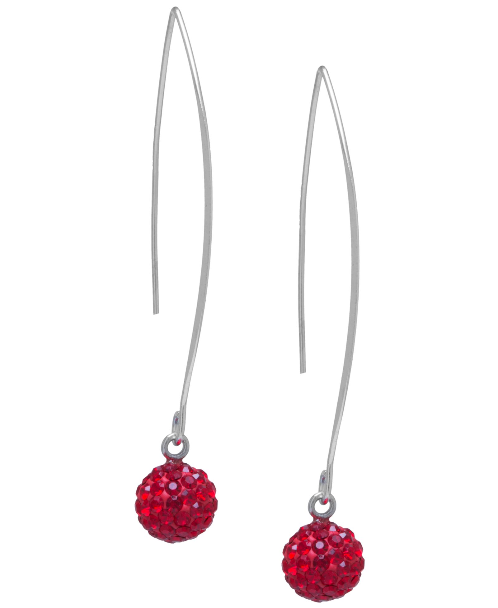 Crystal Pavé Orb Threader Earrings in Sterling Silver. Available in Clear, Dark Blue or Red