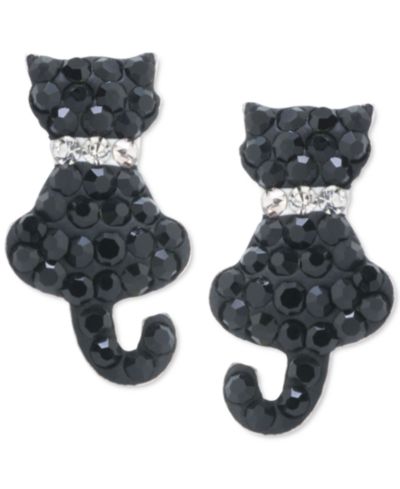 Crystal Black & White Pavé Cat with Collar Stud Earrings in Sterling Silver