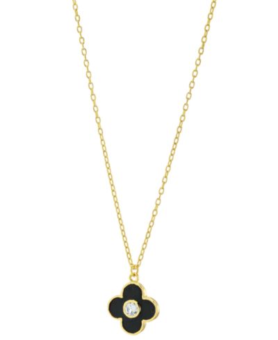 Cubic Zirconia Black & White Clover Pendant Necklace in 14k Gold-Plated Sterling Silver, 16" + 2" extender