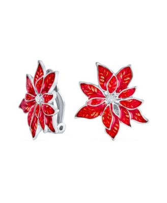 Серьги-клипсы Bling Jewelry Christmas Red Enamel Statement Flower Poinsettia, без прокола - 14K Gold Plated