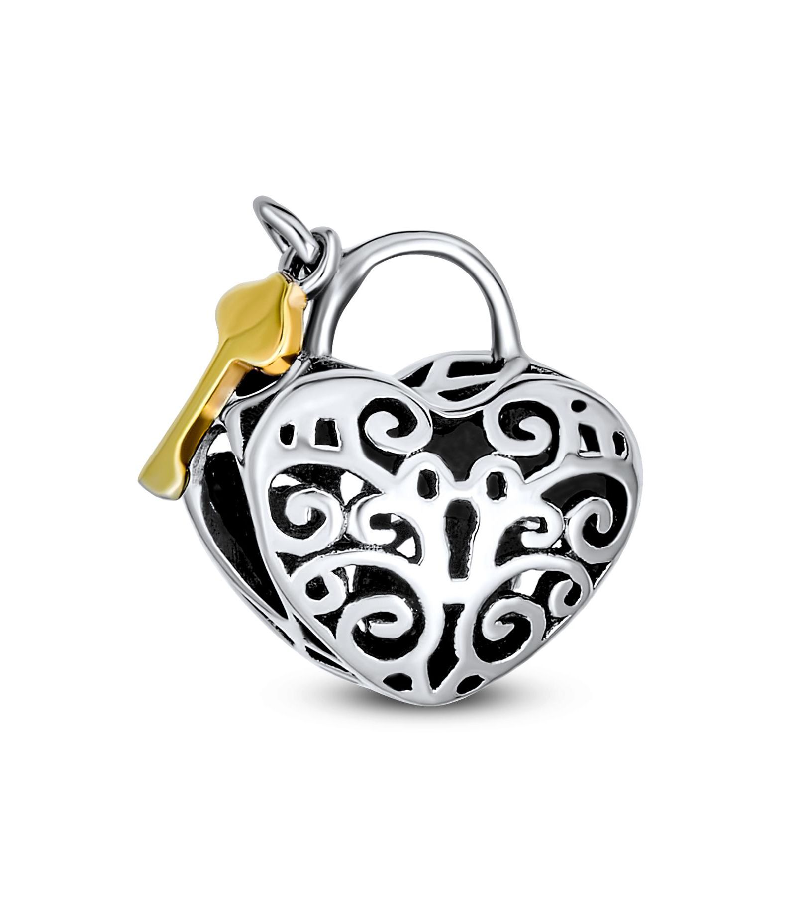 Подвеска Bling Jewelry .925 Sterling Silver Heart Shape Filigree Lovers Lock and Key Charm Bead 14K Gold Plated для браслета