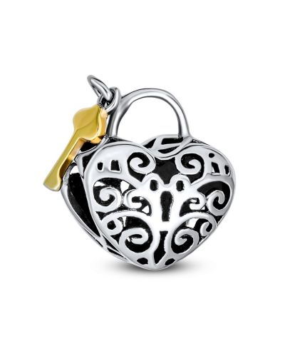 Подвеска Bling Jewelry .925 Sterling Silver Heart Shape Filigree Lovers Lock and Key Charm Bead 14K Gold Plated для браслета