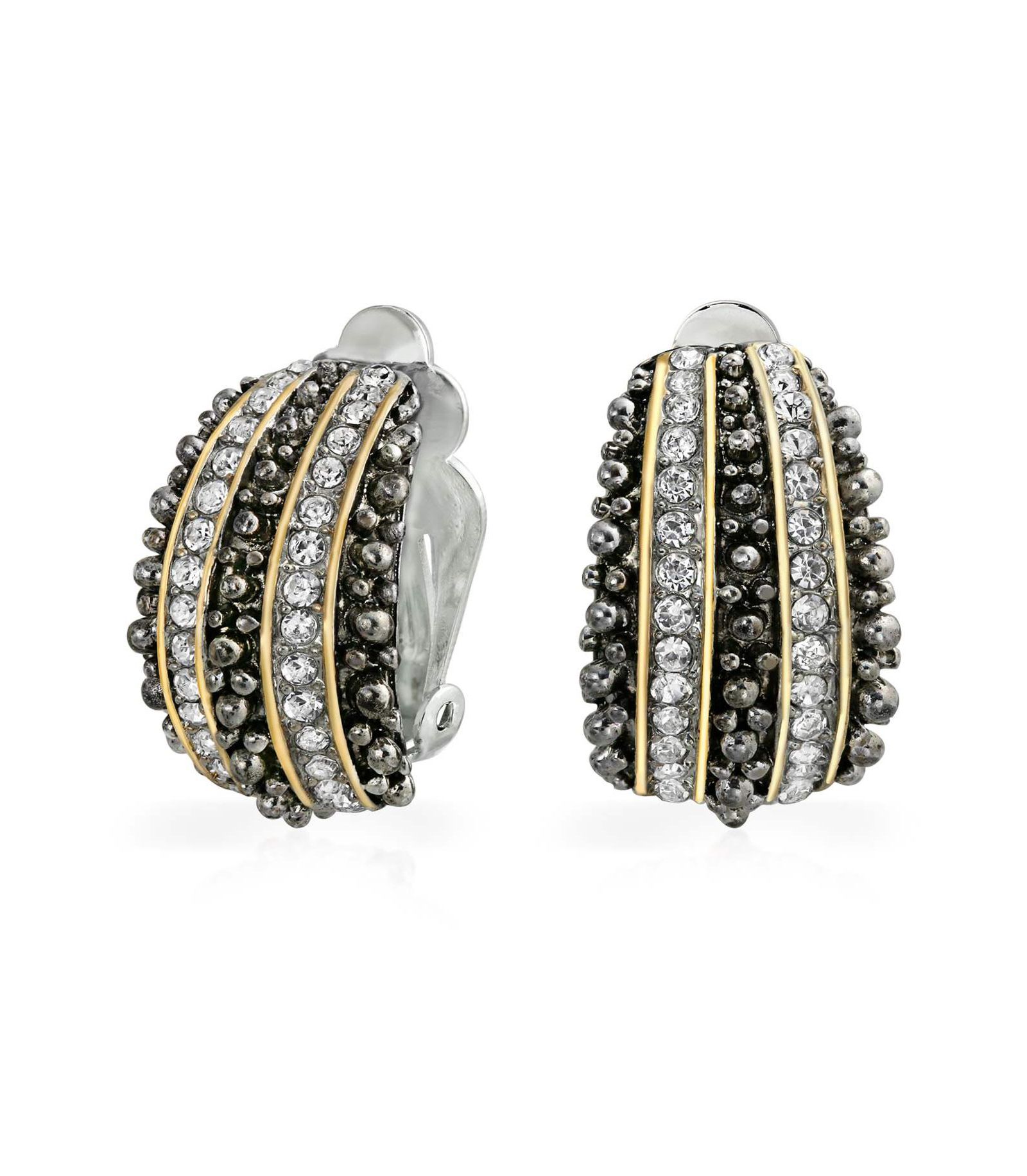 Bling Jewelry Серьги-клипсы Bali Style Caviar Beading Crystal Half Hoop с напылением Brass