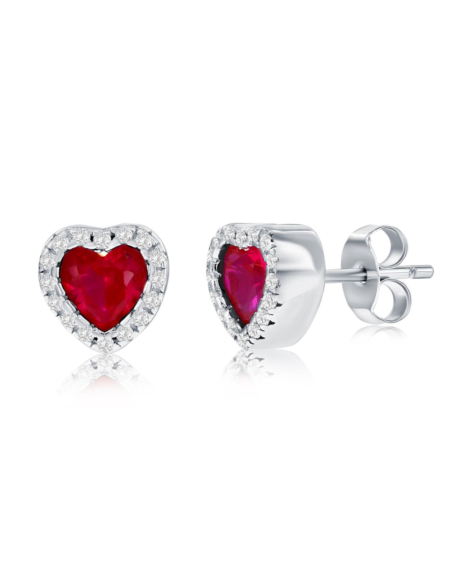Sterling , Ruby CZ Heart Stud Earrings
