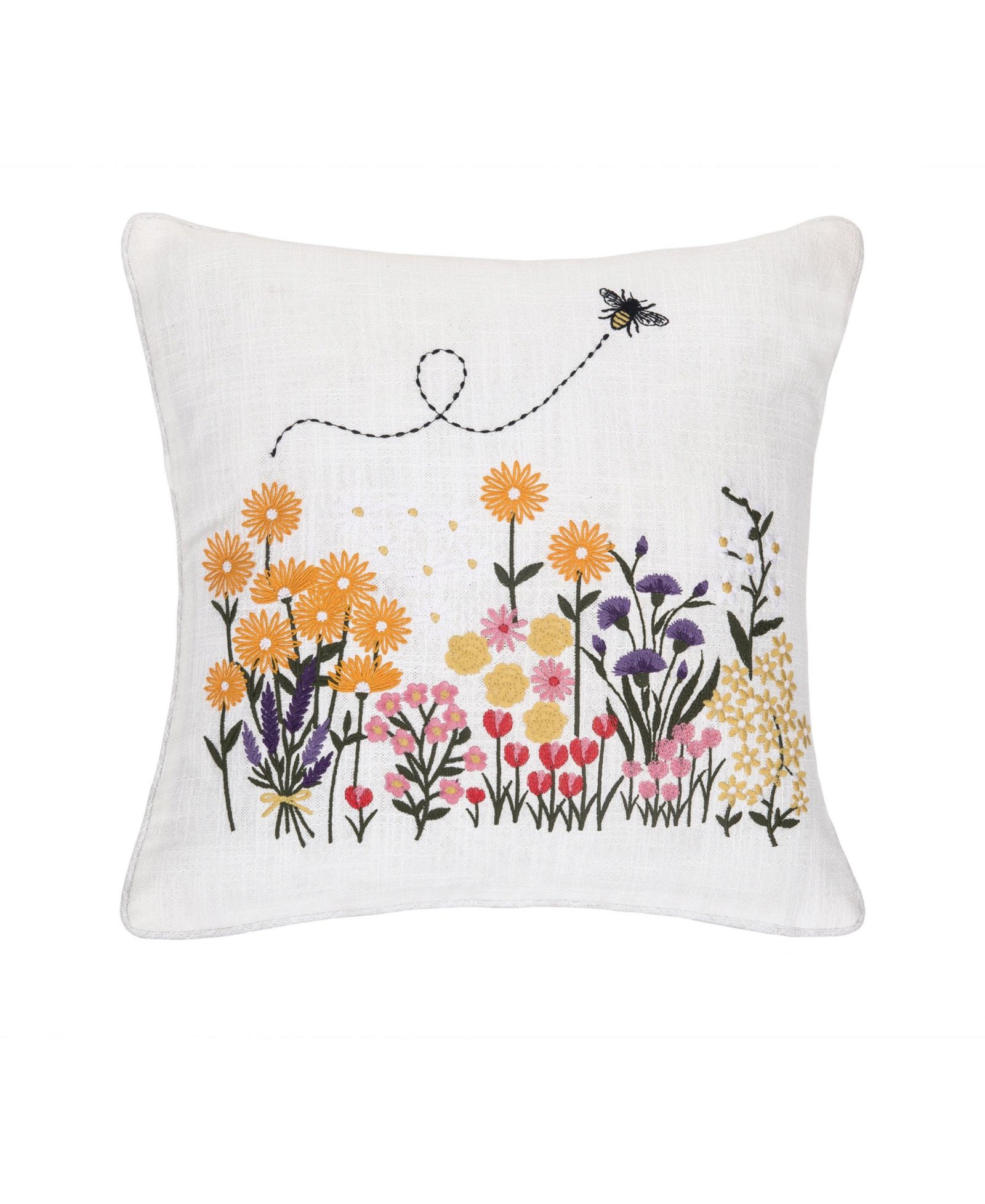 Bumble Bee and Flower Garden Embroidered Accent Throw Pillow 16" x 16"