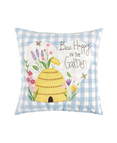 Декоративная подушка "Bee Happy In Garden" синяя в клетку из смесового хлопка 18" x 18"