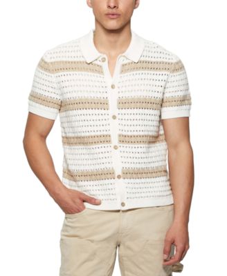 GUESS Men's Joshua Relaxed Fit Short Sleeve Button-Front Striped Sweater