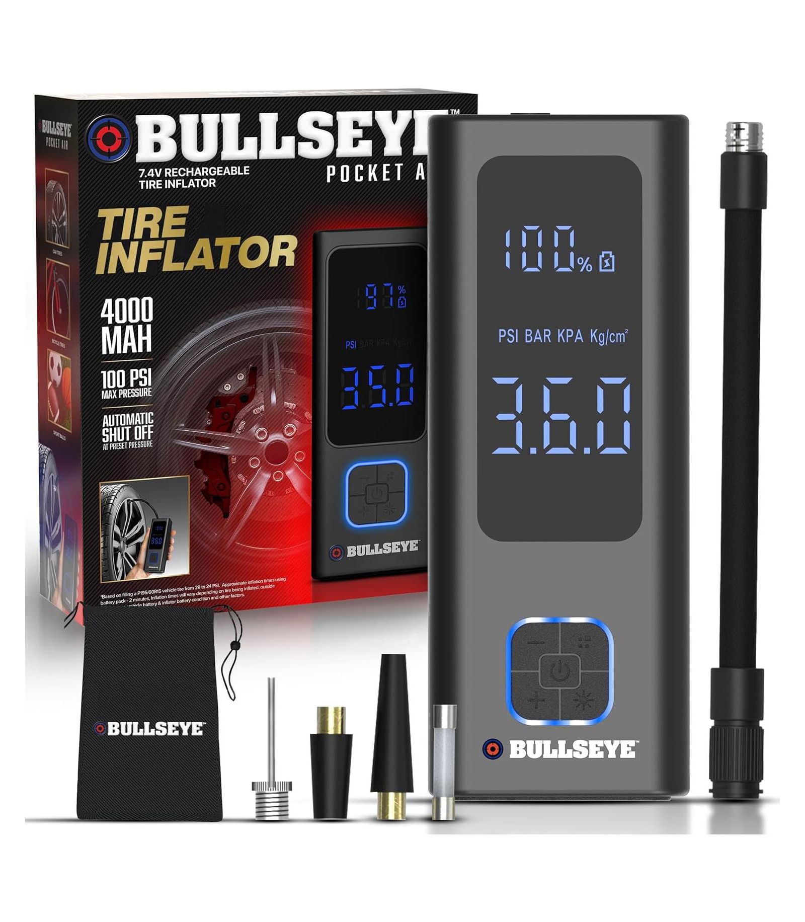 Bullseye Pocket Air 4000mAh Portable Rechargeable Electric Tire Inflator Air Compressor