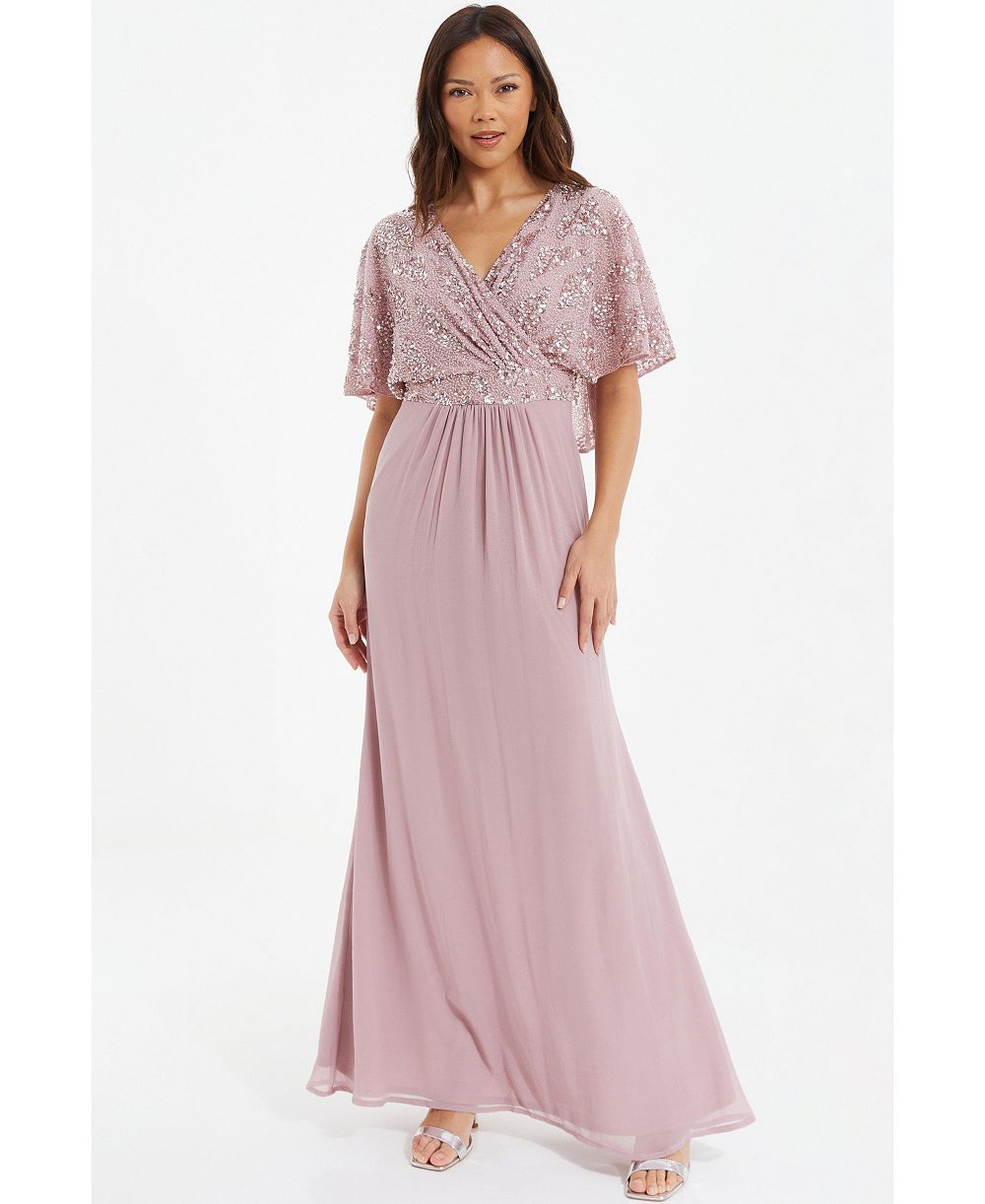 QUIZ Women's Sequin Cape Sleeve Maxi Dress