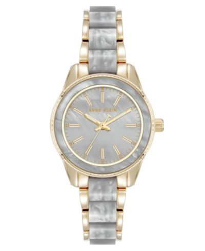 Anne Klein Women's Quartz Light Gray Pearlescent Acetate and Gold-Tone Metal Alloy Link Bracelet Watch, 30mm