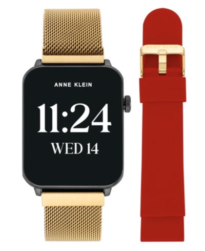 Anne Klein Women's Connect It Stellar Smartwatch with Gold-Tone Stainless Steel Mesh and Red Silicone Band, 45mm