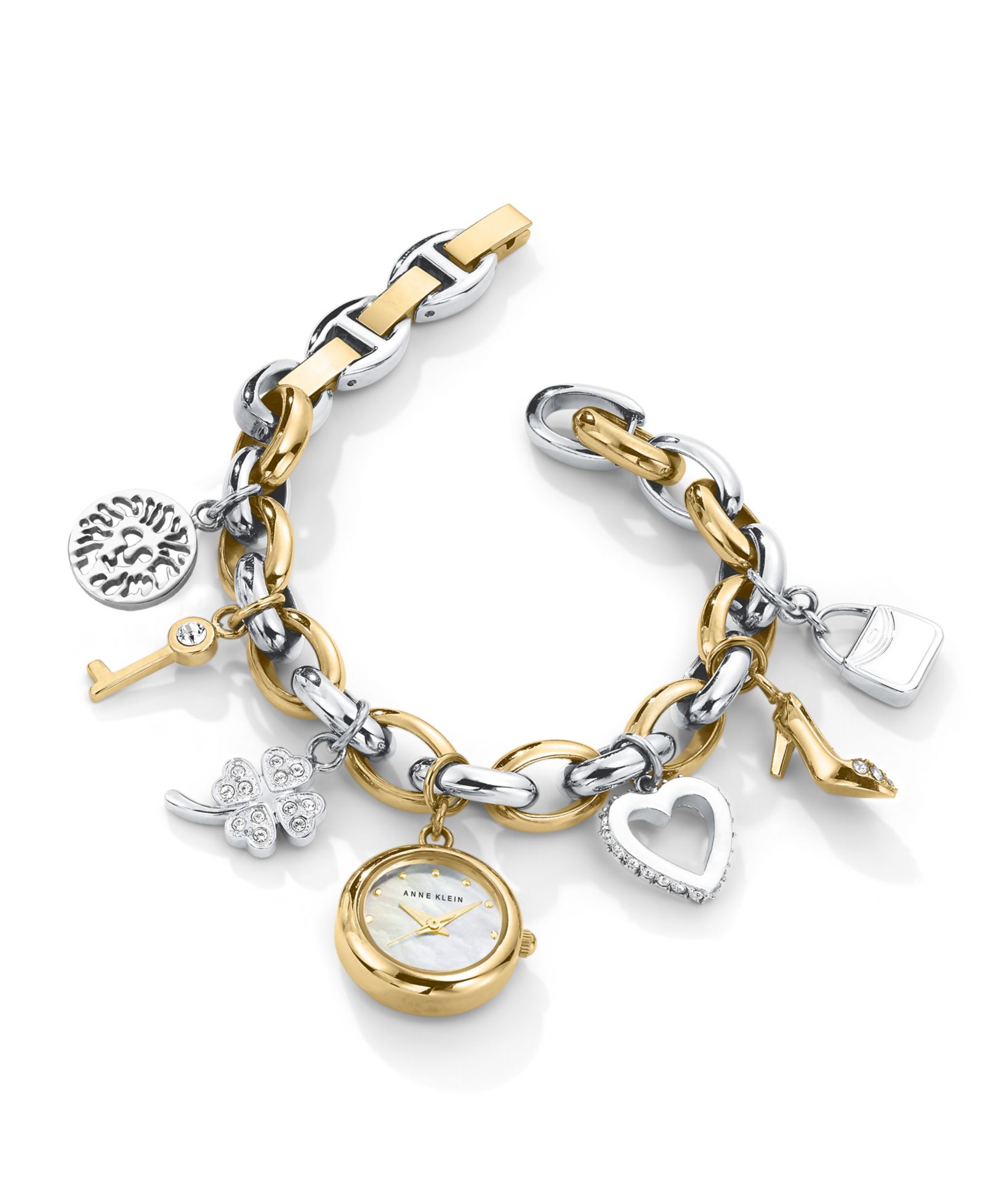 Anne Klein Женский Quartz Two-Tone Metal Alloy Crystal Accented Charm Bracelet Watch, 20mm