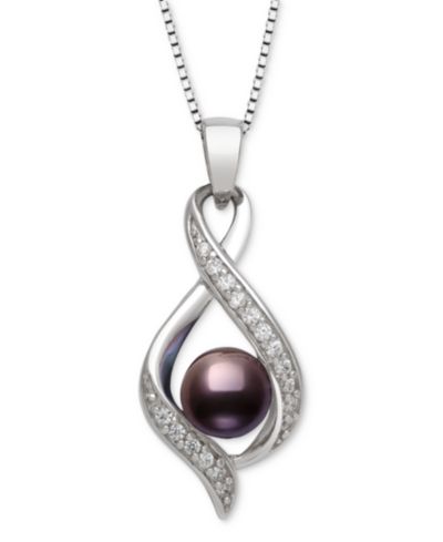 Belle de Mer Dyed Black Peacock Cultured Freshwater Pearl  & Lab Created White Sapphire Pendant 18" Necklace in Sterling Silver (Also in Blush Pink)