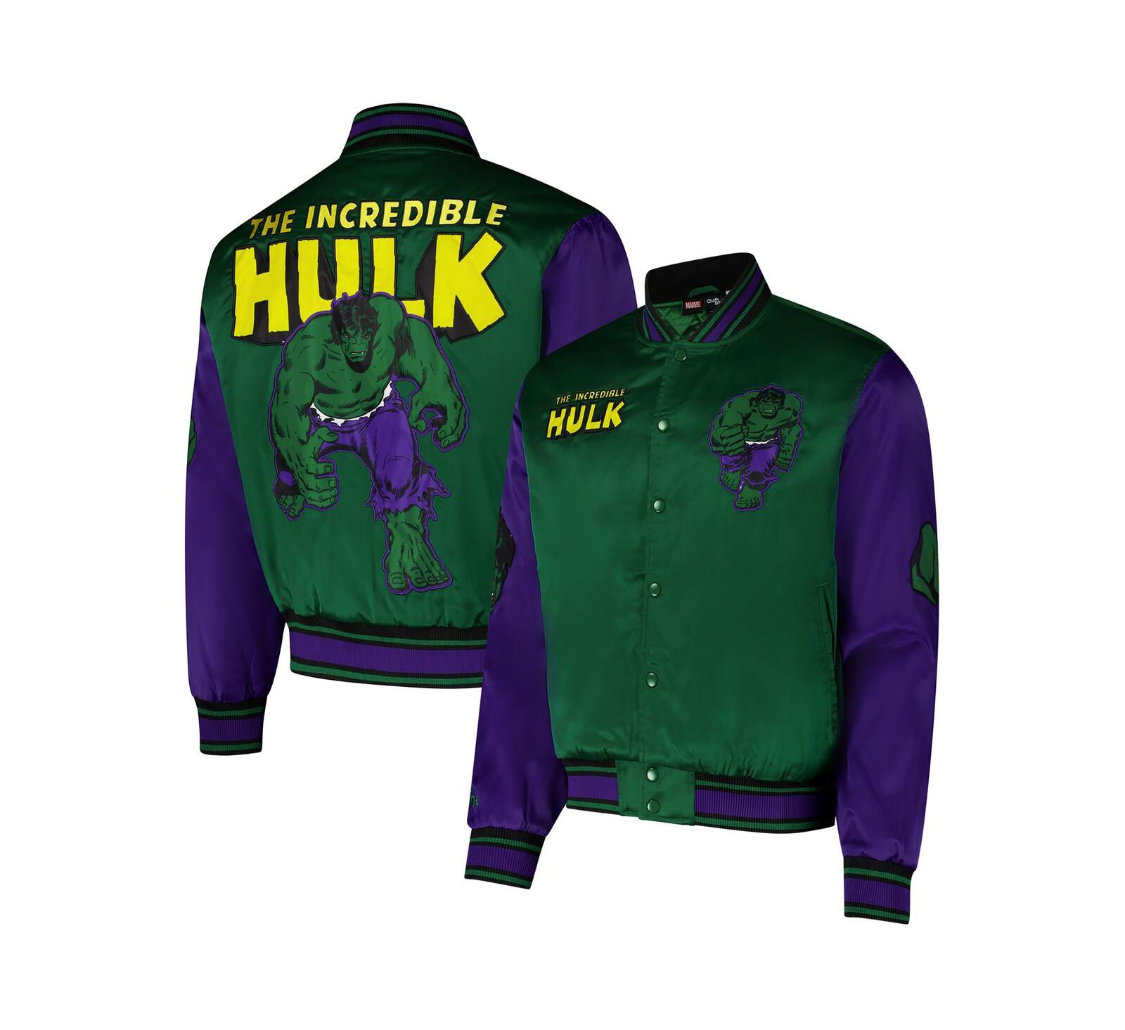 Chalk Line Men's Green The Incredible Hulk Quilted Satin Full-Snap Jacket