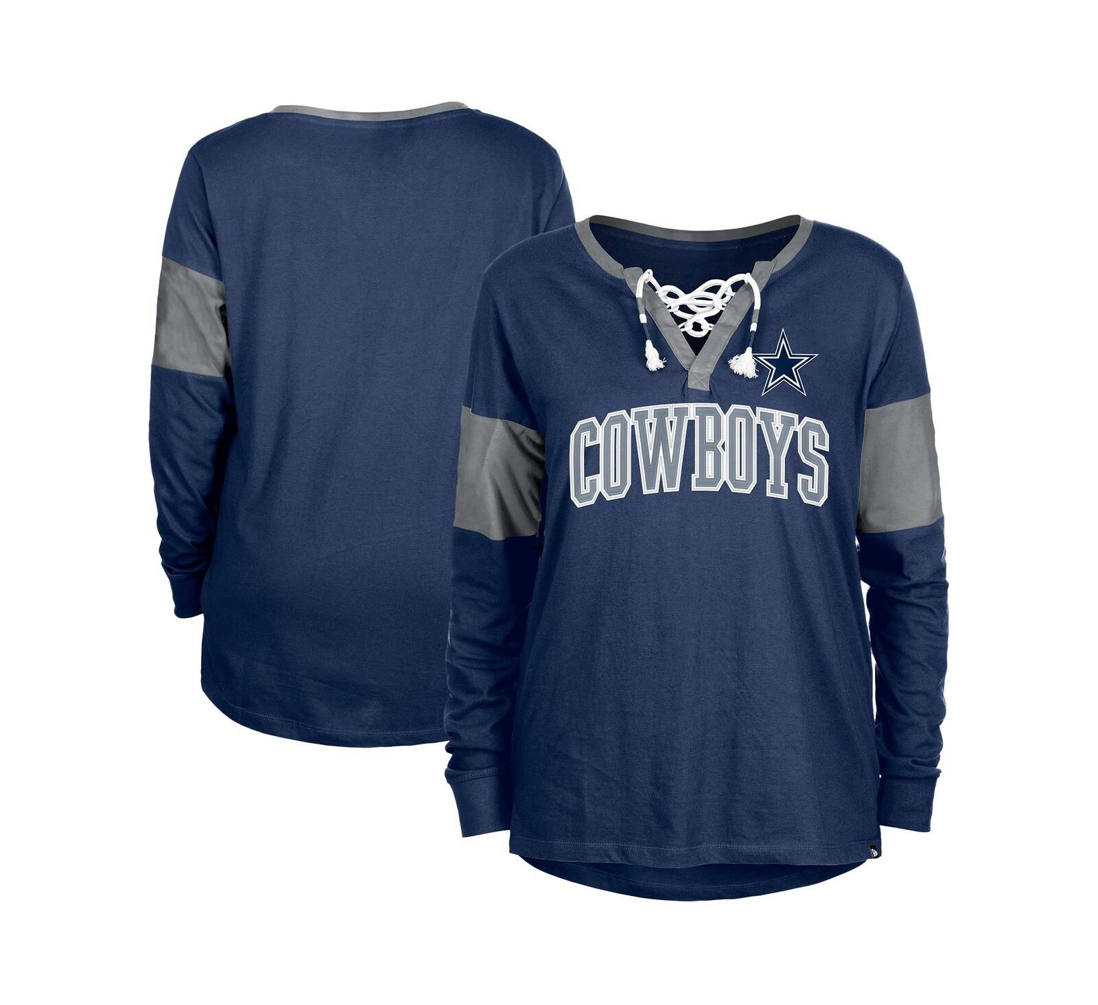 Женская футболка New Era Navy Dallas Cowboys Lace-Up Notch-Neck Long Sleeve