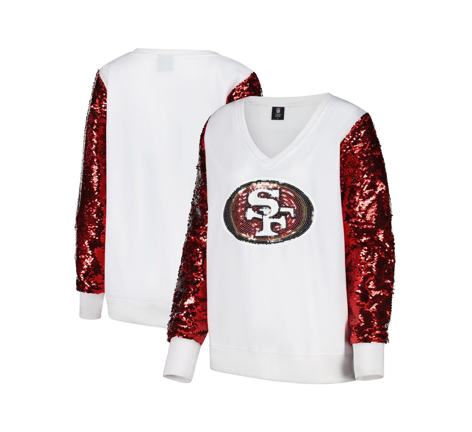 Женская свитшот Cuce White/Red San Francisco 49ers Sequin Sleeve V-Neck Pullover