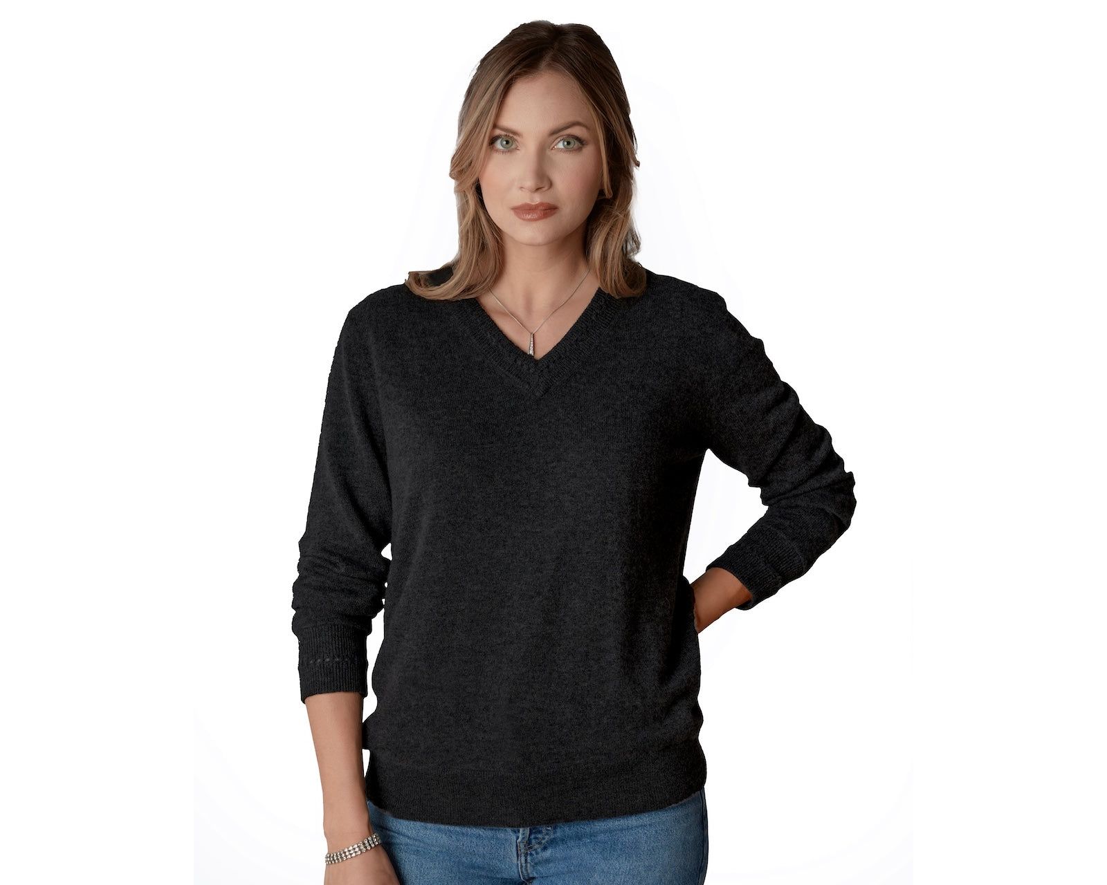 LuxLined Женский Itch-Free Cashmere V-Neck Sweater with Soft Liner