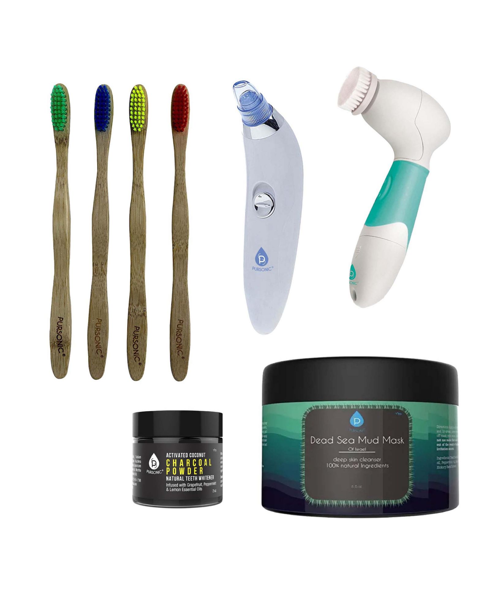 PURSONIC Daily Detox Set - Pore Vacuum, Bamboo Toothbrushes, Charcoal Powder, Facial & Body Brush, and Dead Sea Mud Mask