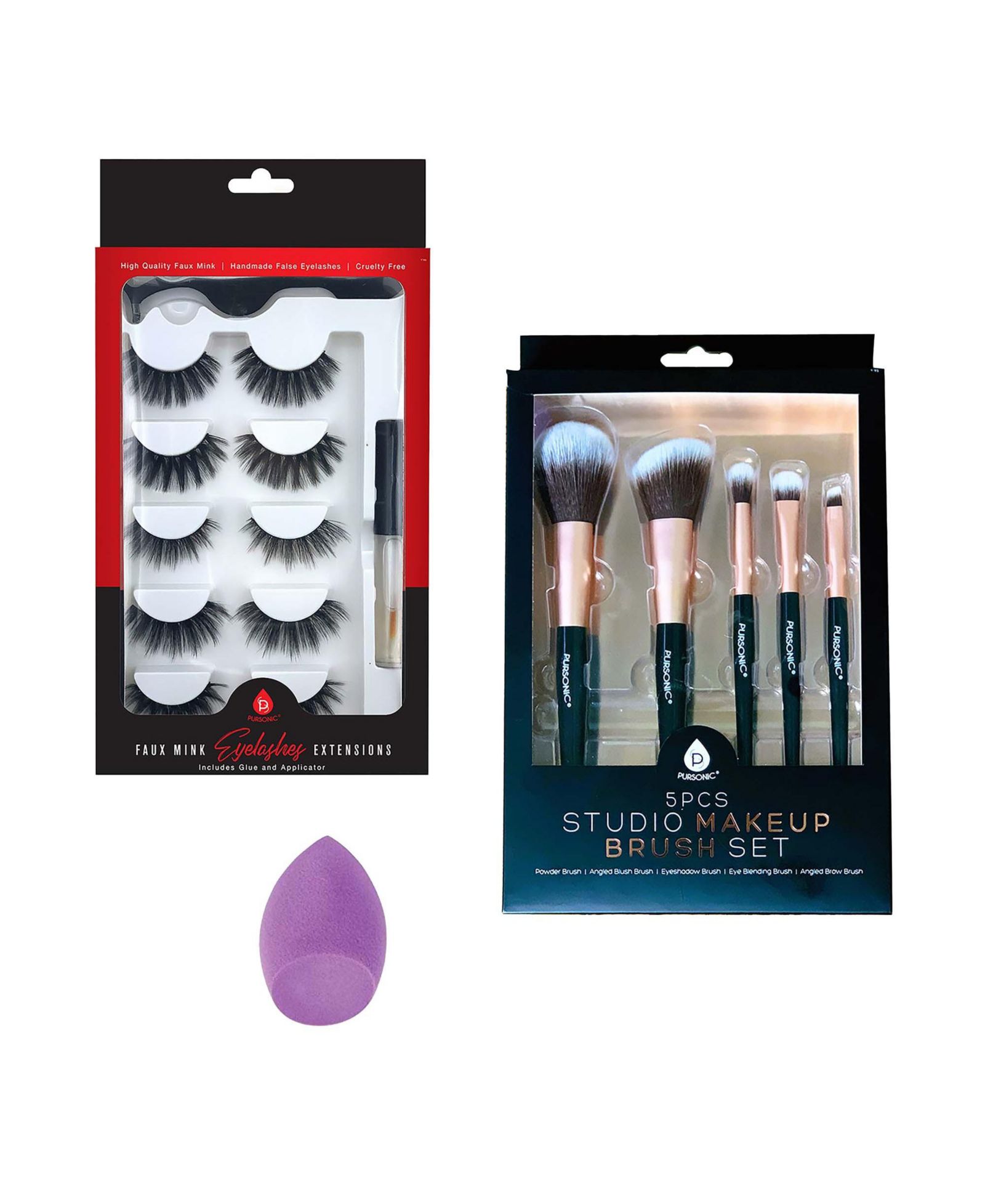 Pursonic Glam Essentials Bundle: набор из 3D накладных ресниц, спонжа и набора кистей