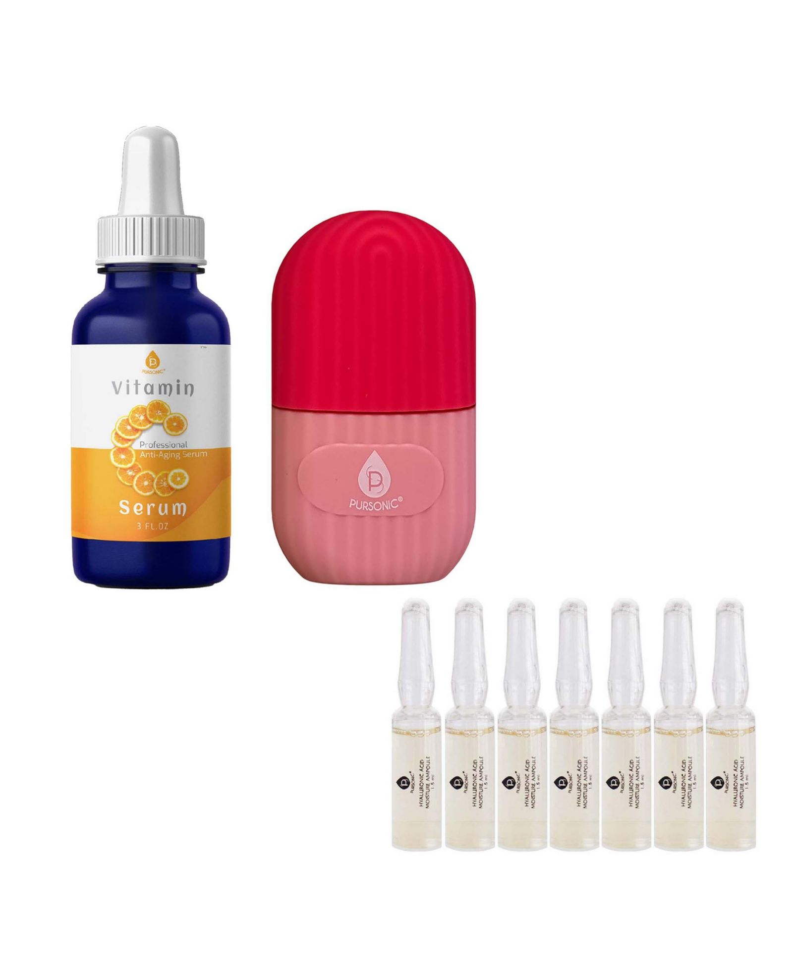 Набор по уходу за кожей Pursonic Radiant Glow & Refresh: массажер для лица со льдом, сыворотка с витамином C и набор ампул с гиалуроновой кислотой
