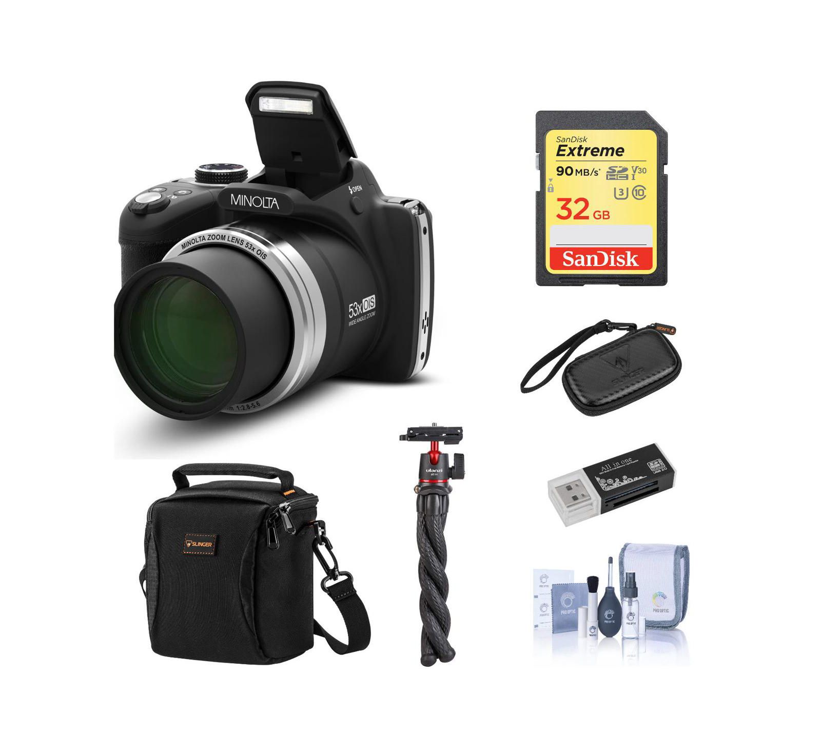 Minolta MN53Z 16MP FHD Digital Camera с 53x Optical Zoom, Wi-Fi, Black Bundle с Shoulder Bag, Octopus Tripod, 32GB SD Card, Reader, Card Case
