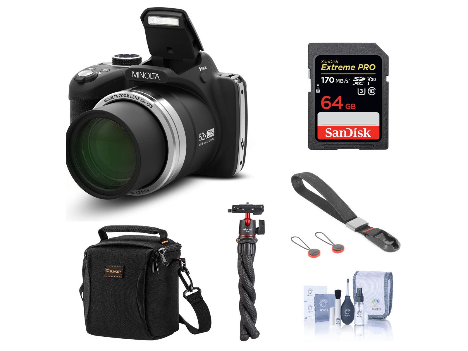 Цифровая камера Minolta MN53Z 16MP FHD с 53x Optical Zoom, Wi-Fi, Black Bundle с сумкой, 64GB SD Card, ремешком и штативом