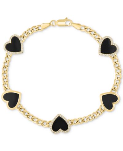 EFFY® Onyx (9 x 8-1/2 mm) & Diamond (1/4 ct. t.w.) Heart Flex Bracelet in 14k Gold Over Silver