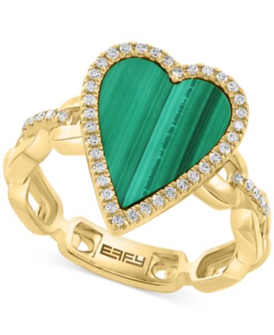 EFFY® Malachite (13 x 10mm) & Diamond (1/4 ct. t.w.) Heart Ring in 14k Gold over Silver