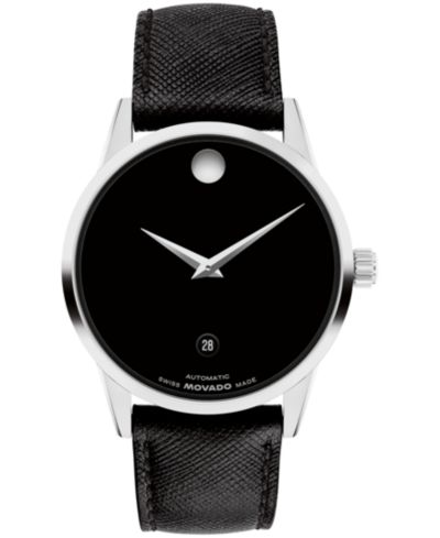 Movado Men's Museum Classic Swiss Automatic Black Leather Watch, 40mm