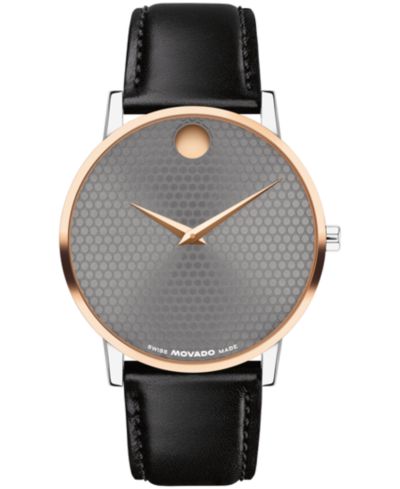 Movado Мужские Museum Classic Swiss Quartz Black Calfskin Watch, 40mm