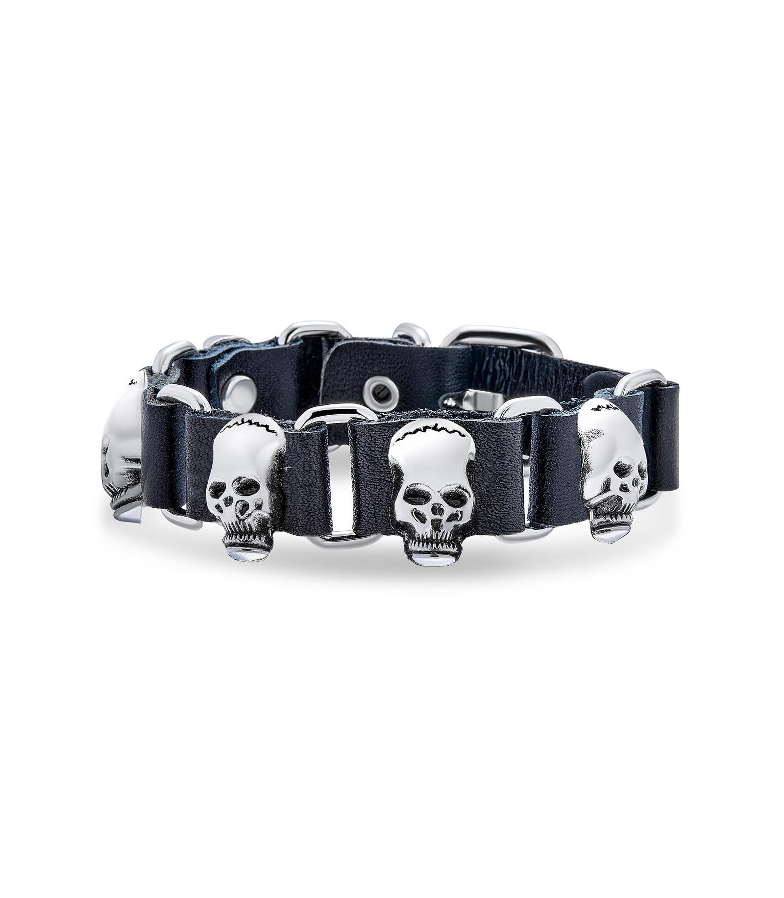Bling Jewelry Мужской кожаный браслет со черепами