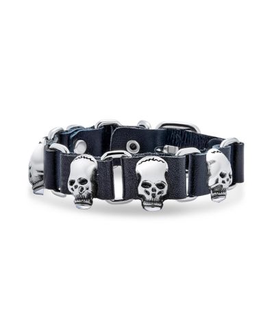 Bling Jewelry Black Leather Studded Skull Heads Cuff Bracelet Belt Buckle Stainless Steel