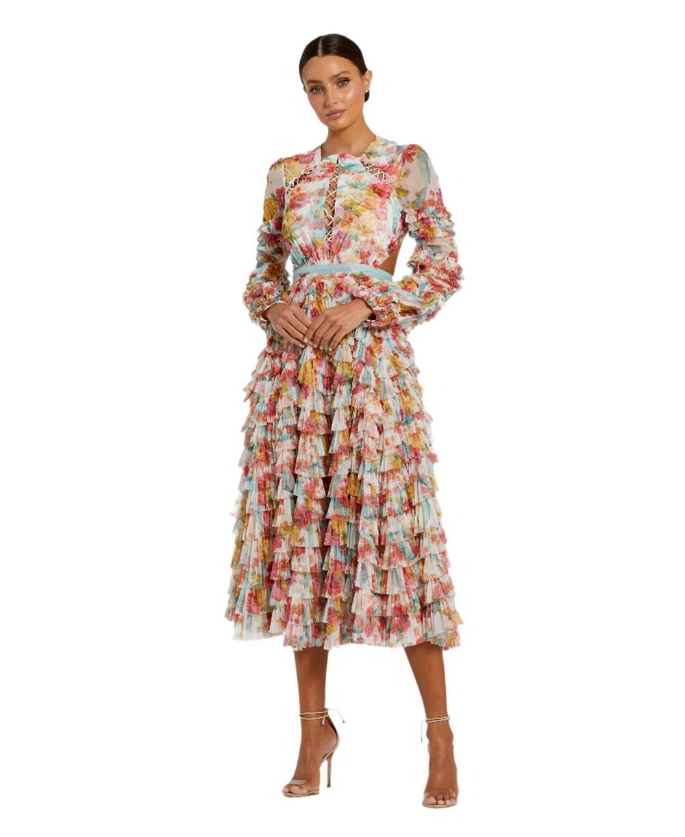 Mac Duggal женское платье с длинным рукавом, многоярусными оборками и вырезами в крест-накрест
