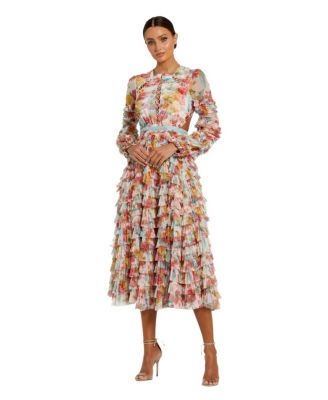 Mac Duggal женское платье с длинным рукавом, многоярусными оборками и вырезами в крест-накрест