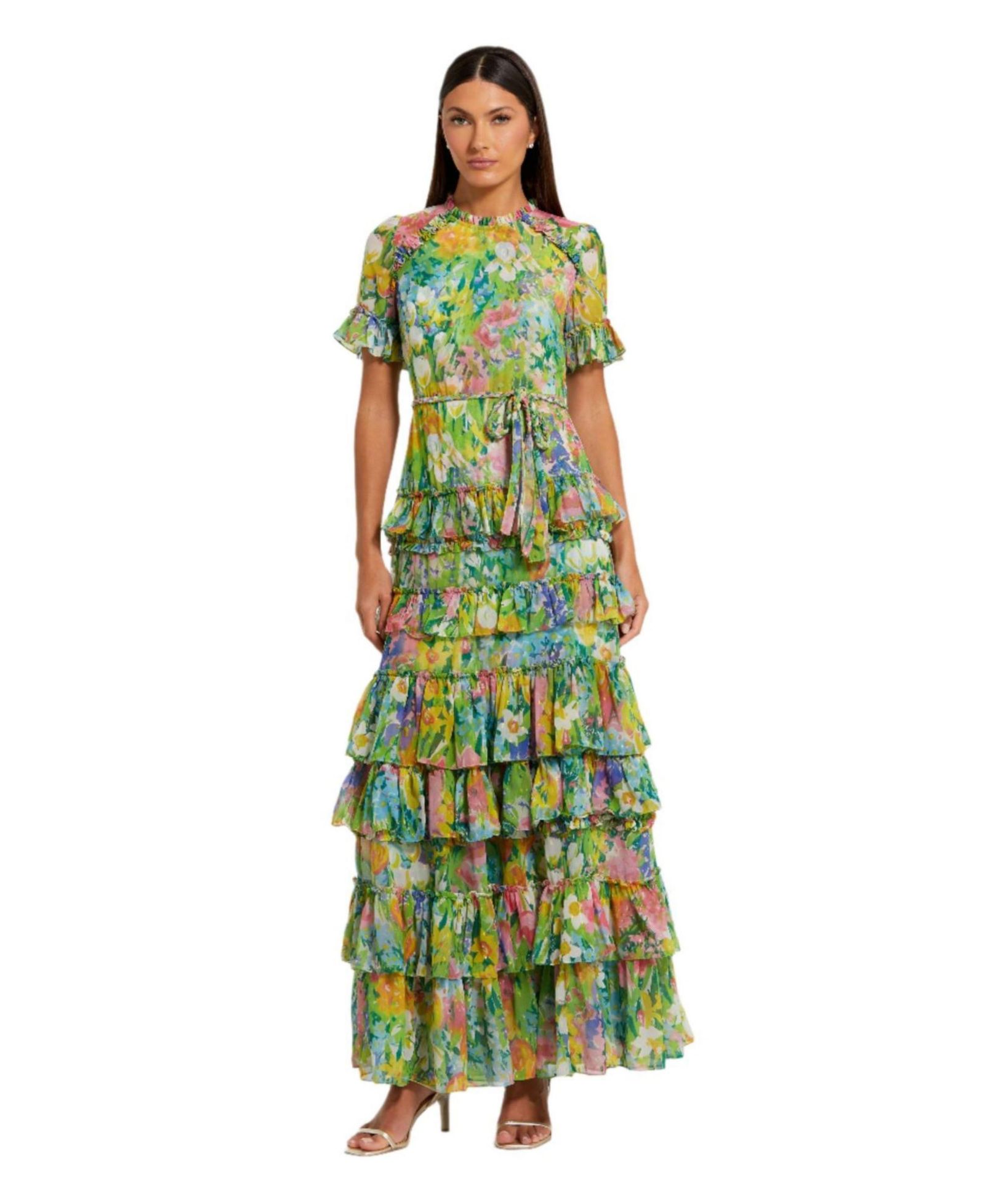 Женское вечернее платье Mac Duggal Floral Printed Chiffon Tiered Ruffle Gown