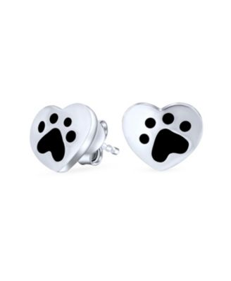 Bling Jewelry Animal Pet Lover Black Enamel Heart Paw Print Stud Earrings Sterling Silver